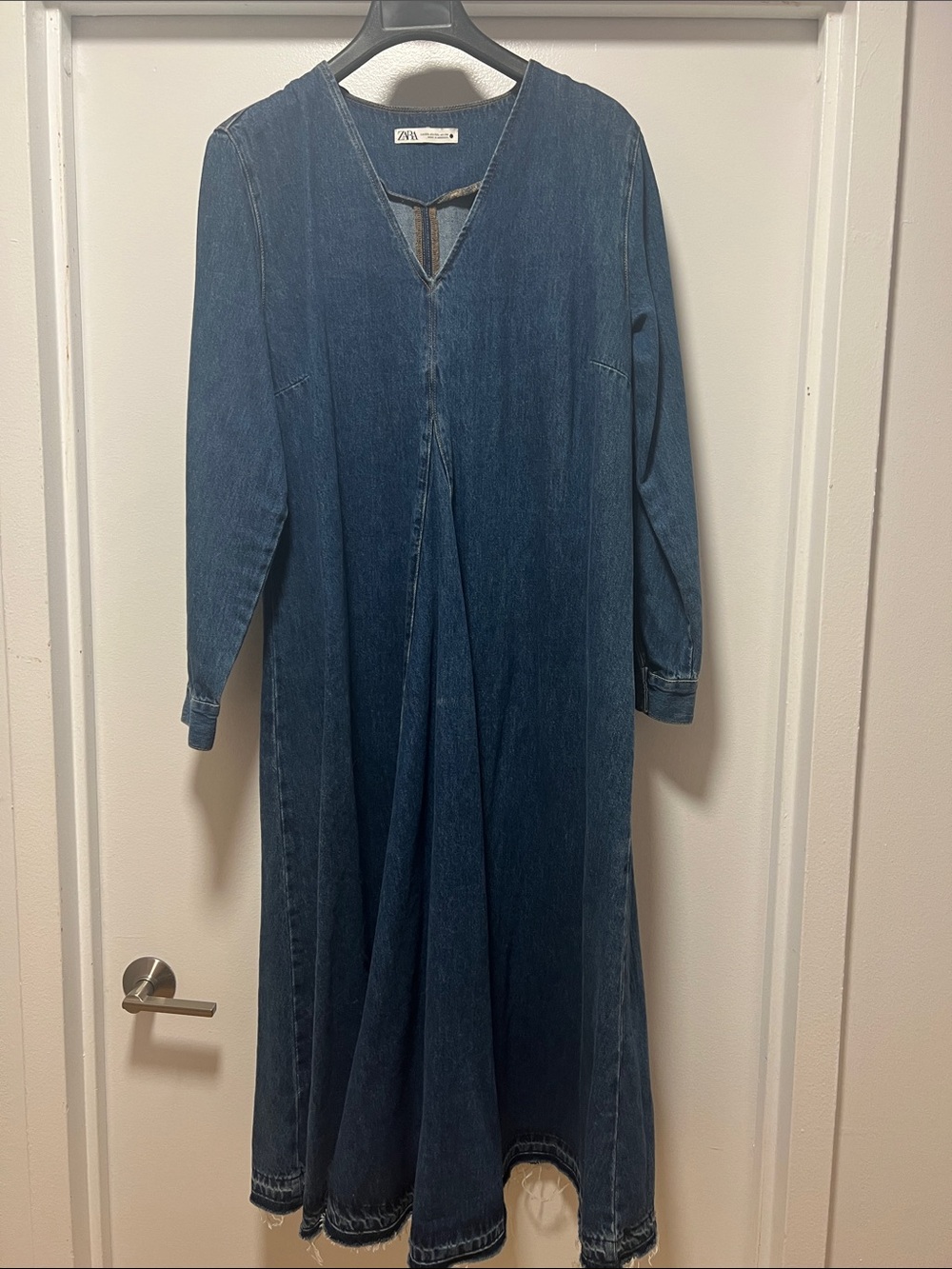 Zara Blue Denim Maxi Dress with V-Notch
